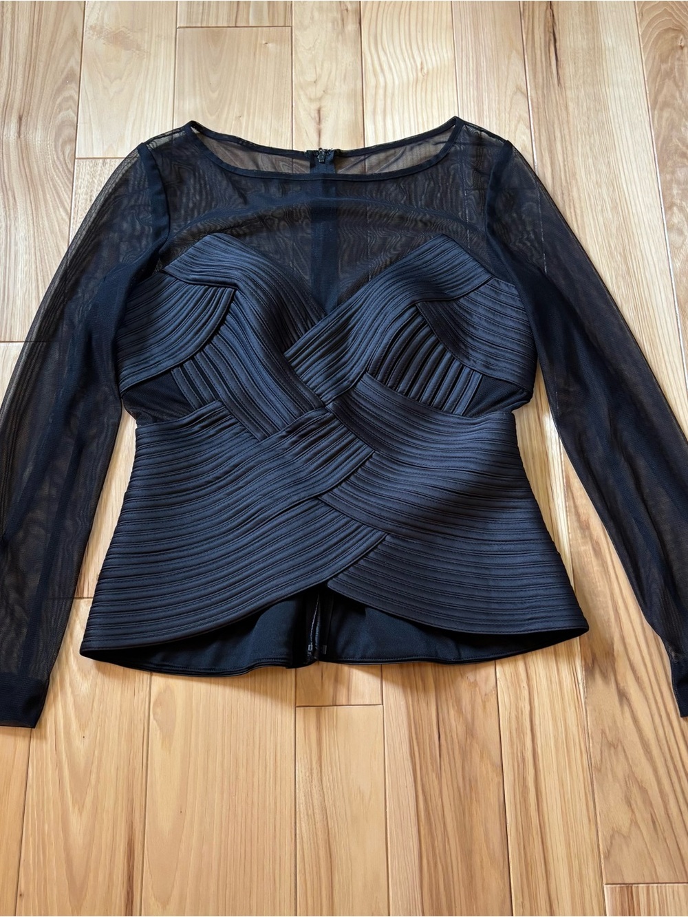 JS Collections Formal Black Bustier Style Mesh Long Sleeve Top